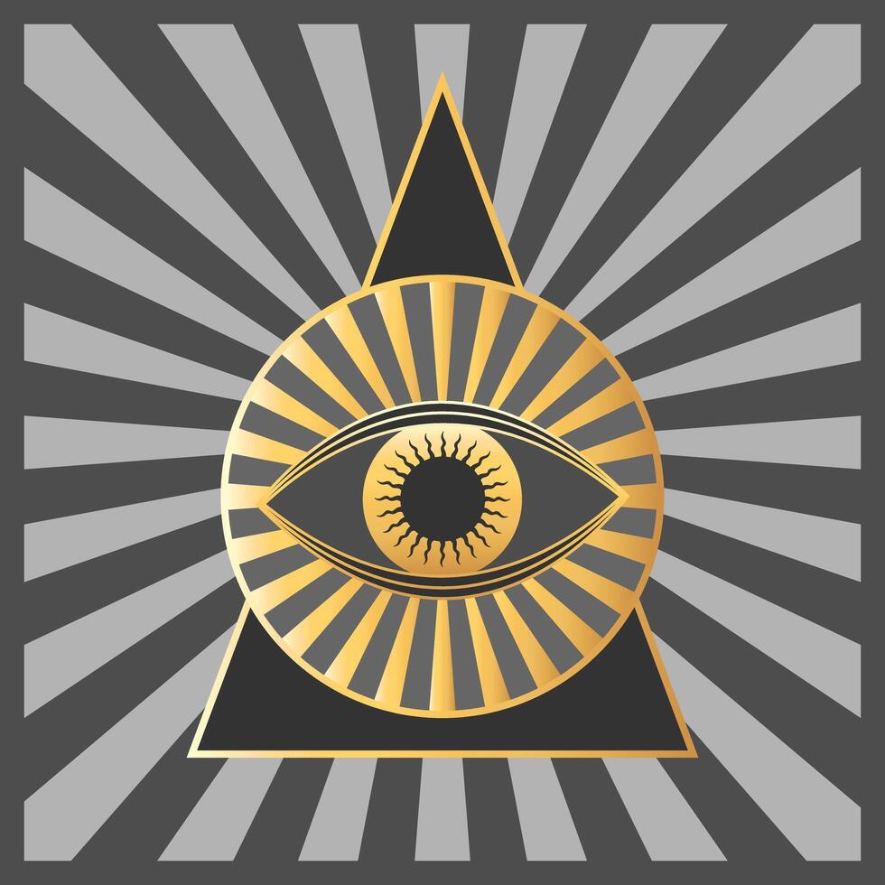 Golden magical All seeing eye symbol emblem in triangle. Mystical boho decoration with magic third eye vector