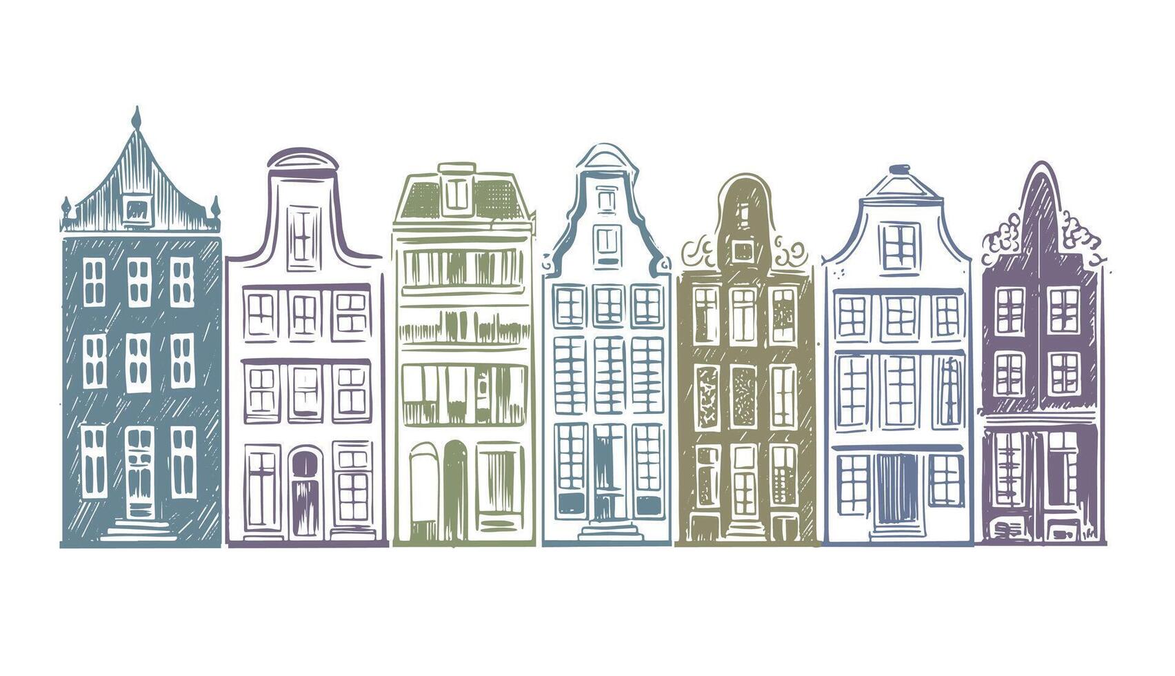 Amsterdam canal houses, Buildings standing in row on white vector
