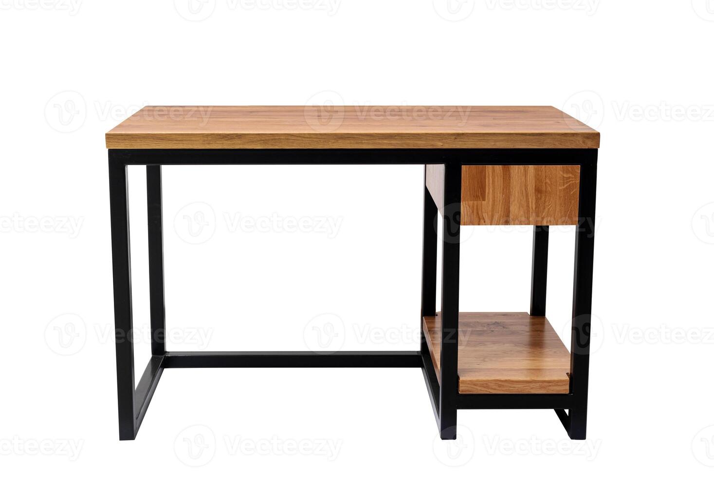 Front view of empty modern computer desk made of wood and steel isolated on white. loft style. photo