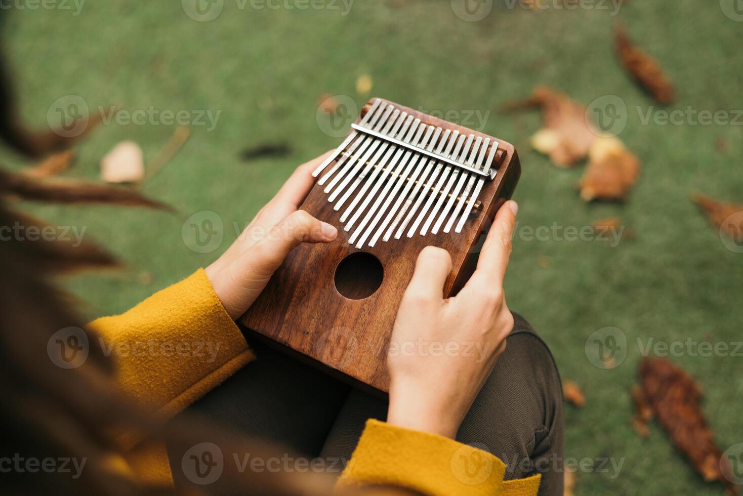 close-up woman playing the musical instrument Kalimba or Mbira in the fall on the terrace photo
