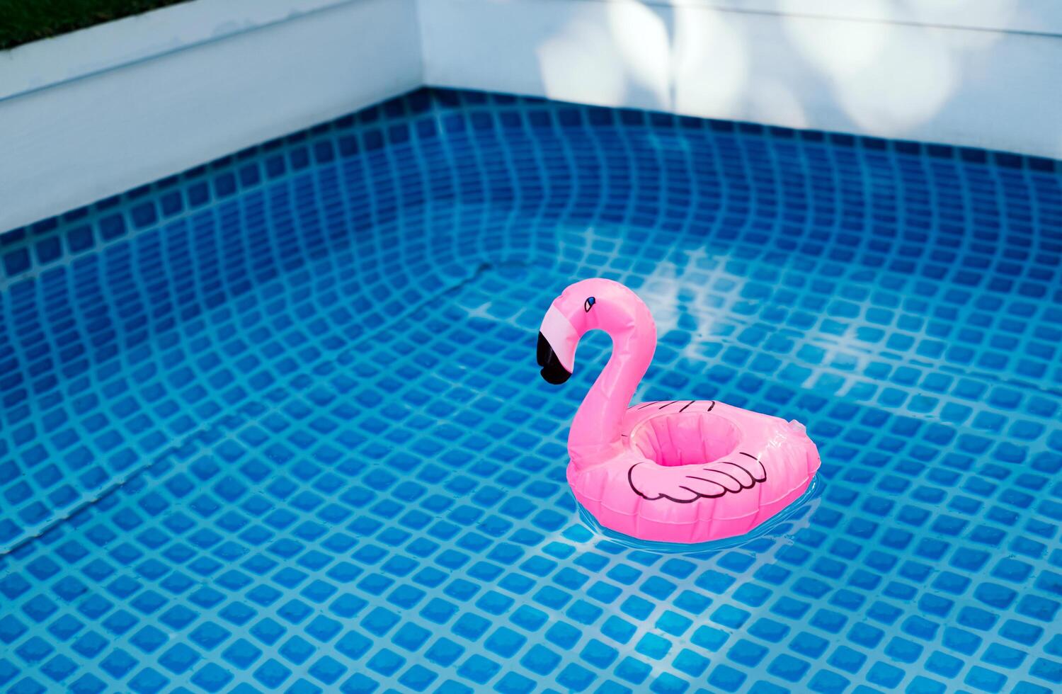 Inflatable pink flamingo floating in a clear blue swimming pool photo