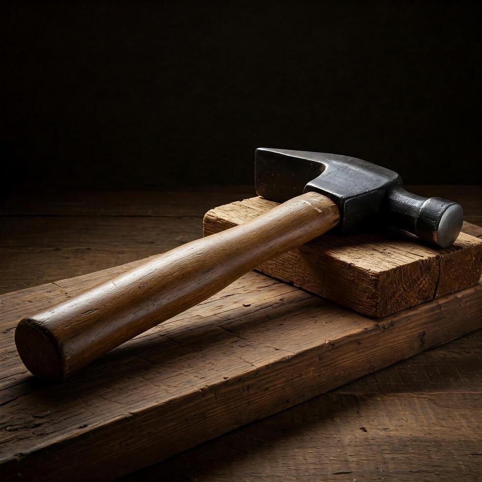 A hammer sitting on top of a wooden block photo