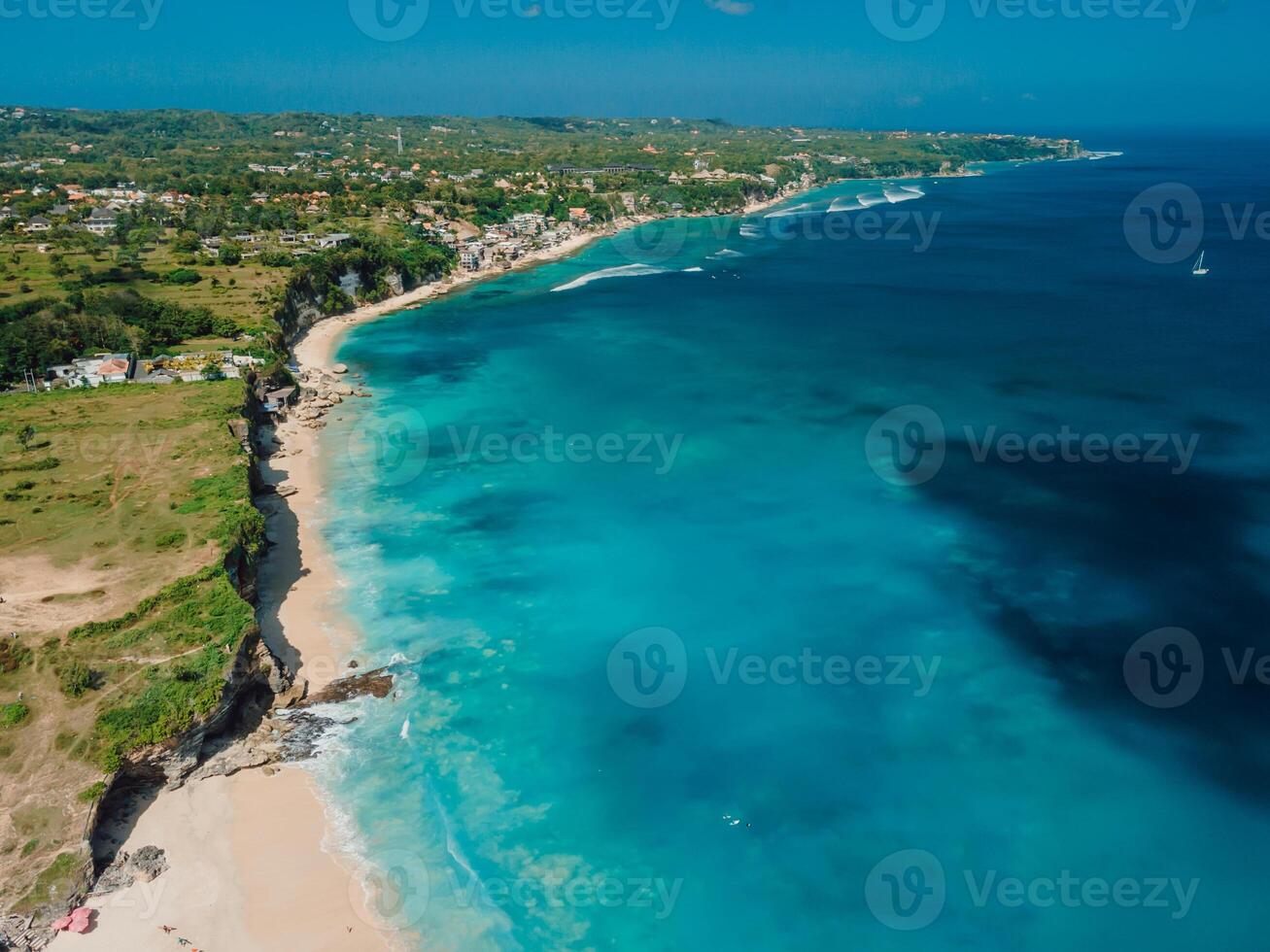 Above view of tropical scenic coastline in Bali with ocean photo