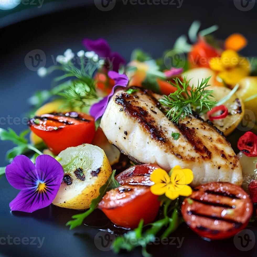 Grilled fish fillet with vegetables and herbs on a black plate. Selective focus. photo