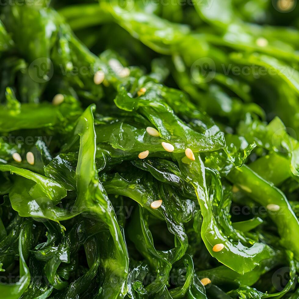 Green seaweed salad with sesame seeds close-up macro photography. Super Macro shoot of salad. Minimalistic concept. Healthy eating concept. Seaweed salad. Selective focus. photo