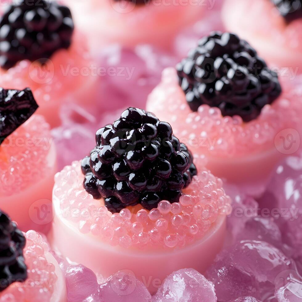 Close up of black caviar and red caviar tartlets with seafood on crushed ice. Selective focus. photo