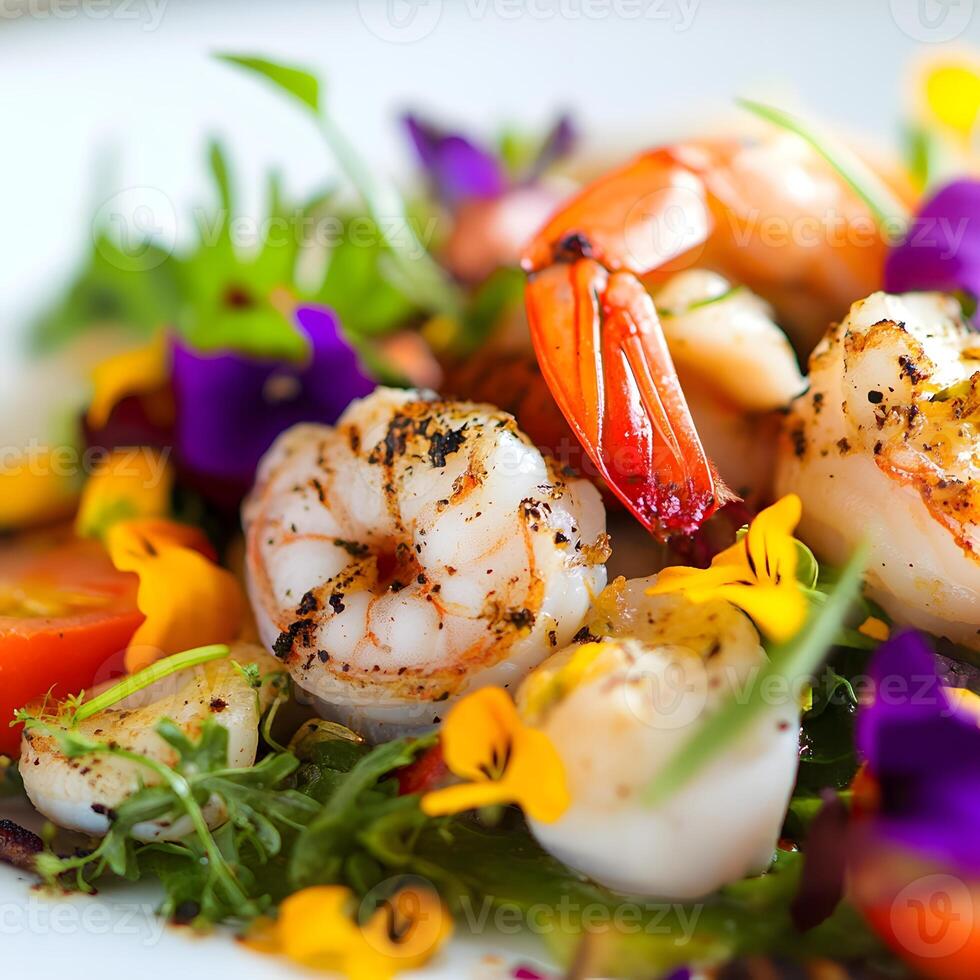 Seafood salad with prawns, musselspus, squids and vegetables. Selective focus photo