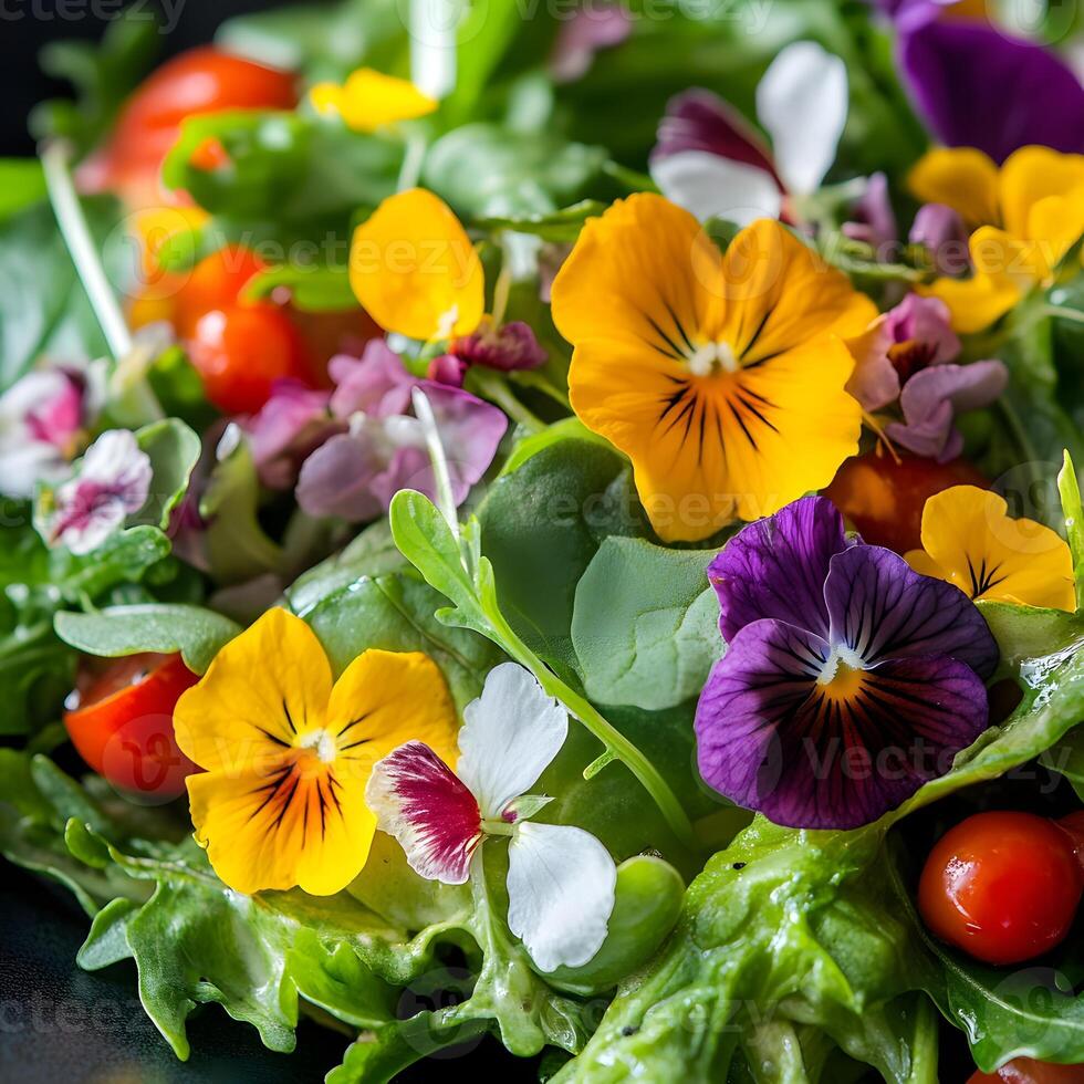 Fresh salad with pansy flowers and cherry tomatoes on a black background. Selective focus. photo