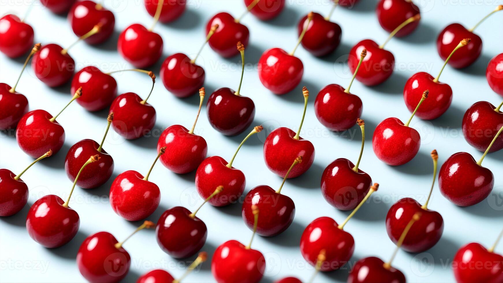 Bright cherries arranged diagonally on a soft background with a fresh red and green color pop photo