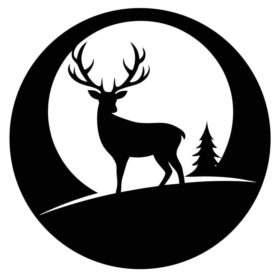 Deer silhouette in circle with moon and trees vector