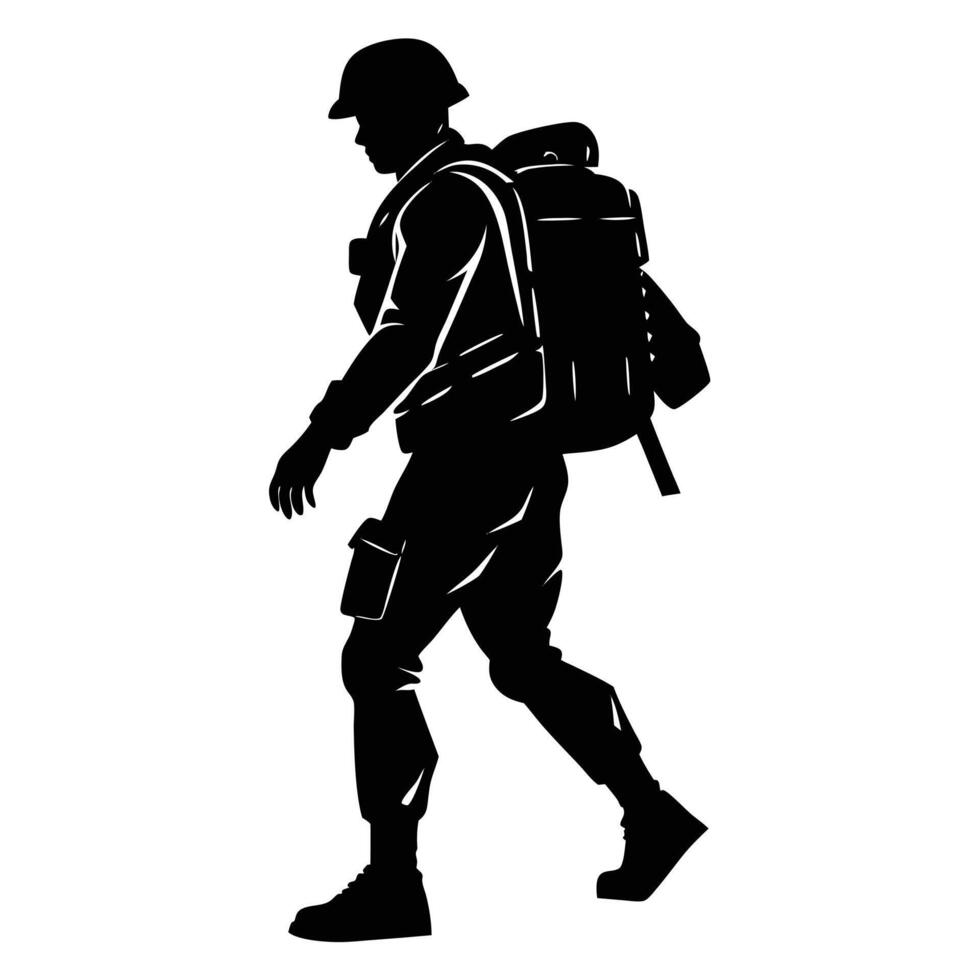 A silhouette of a soldier with a backpack vector