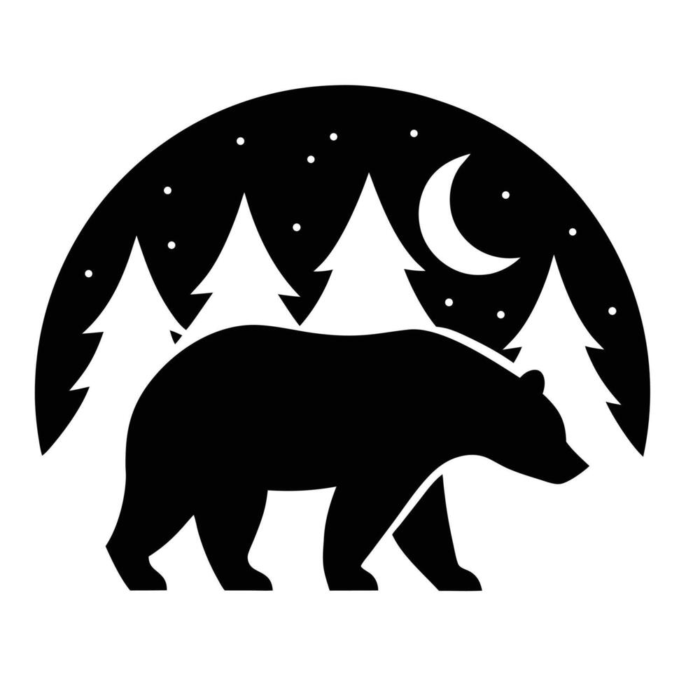 A black and white bear silhouette in the forest vector