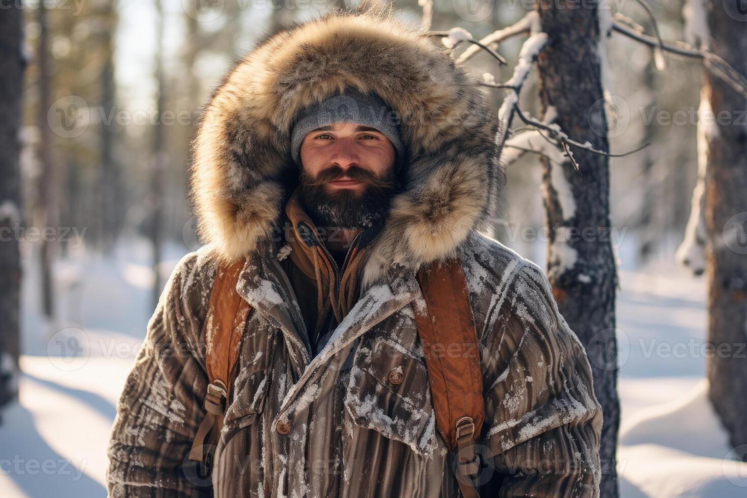 Explorer wearing warm clothes standing in snowy forest during winter expedition photo