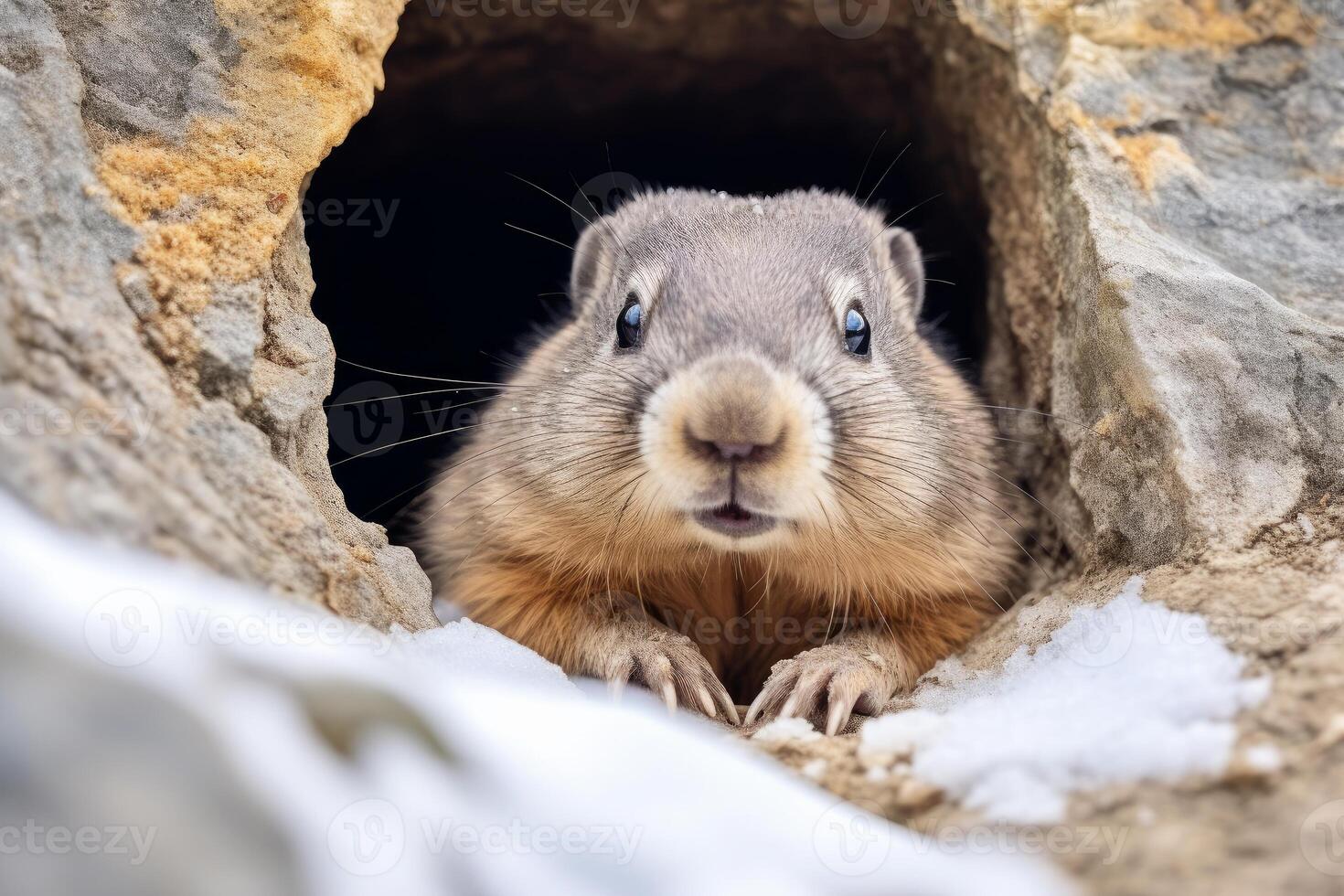 Groundhog peeking out of its burrow in winter landscape photo