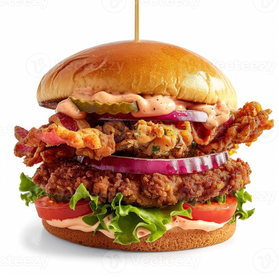 Delicious crispy chicken burger showing succulent breaded chicken, bacon, and sauce photo