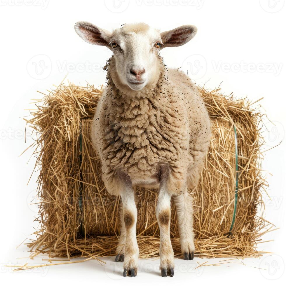Sheep standing in front of hay bale on white background photo