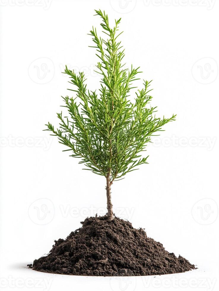Cypress above soil, photorealistic Cypress plant with soil, isolated on white photo