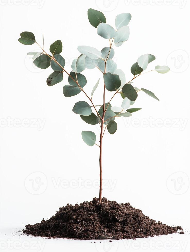 Eucalyptus above soil, photorealistic Eucalyptus plant with soil, isolated on white photo