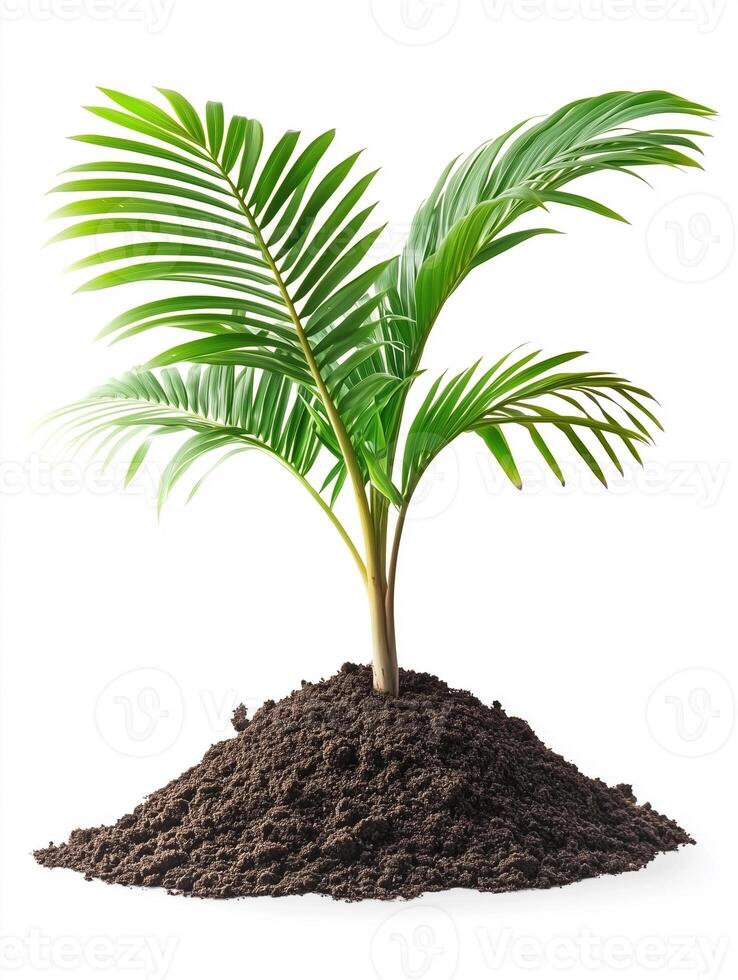 A palm tree growing out of dirt on a white background photo