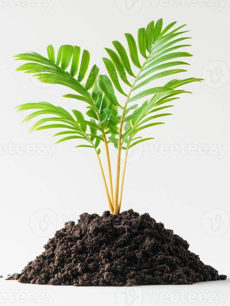A small palm tree growing out of a pile of dirt photo