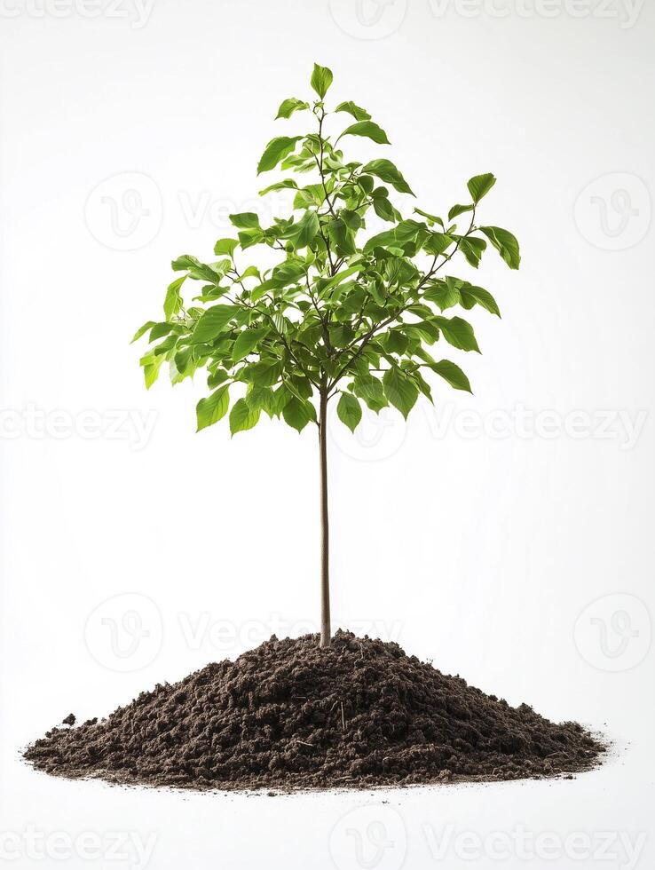 Plane Tree above soil, photorealistic Plane Tree plant with soil, isolated on white photo