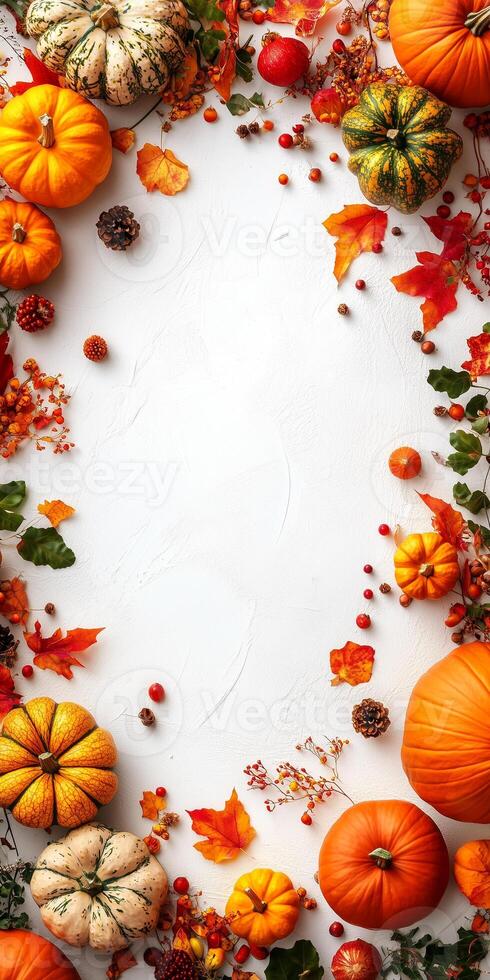 Thanksgiving background with pumpkins, leaves and berries photo