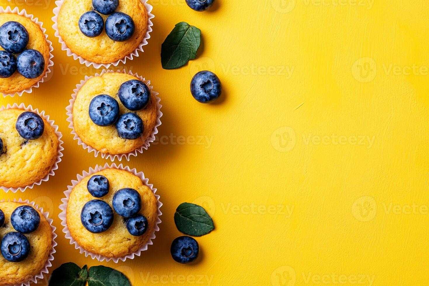 Top View Of Blueberry Muffins On Vibrant Background With Copy Space, Food Photography photo