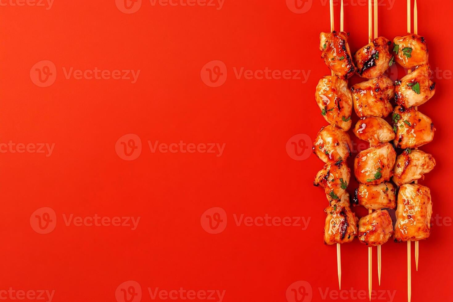 Top View Of Chicken Skewers With Peanut Sauce On Vibrant Background With Copy Space, Food Photography photo