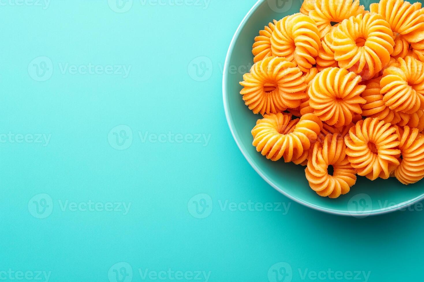 Top View Of Curly Fries With Seasoning On Vibrant Background With Copy Space, Food Setting photo