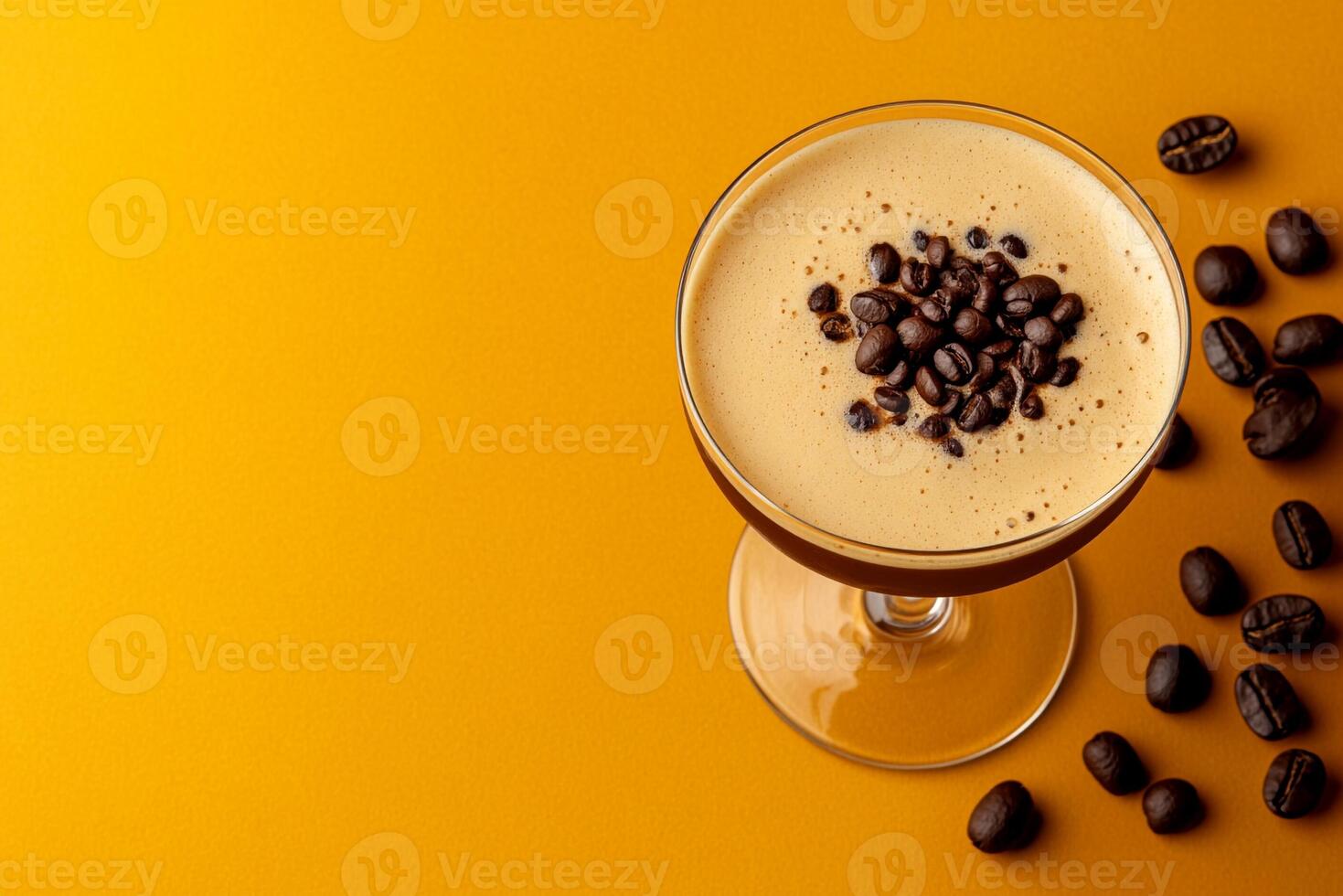 Top View Of Espresso Martini With Coffee Beans On Vibrant Background With Copy Space, Food Setting photo
