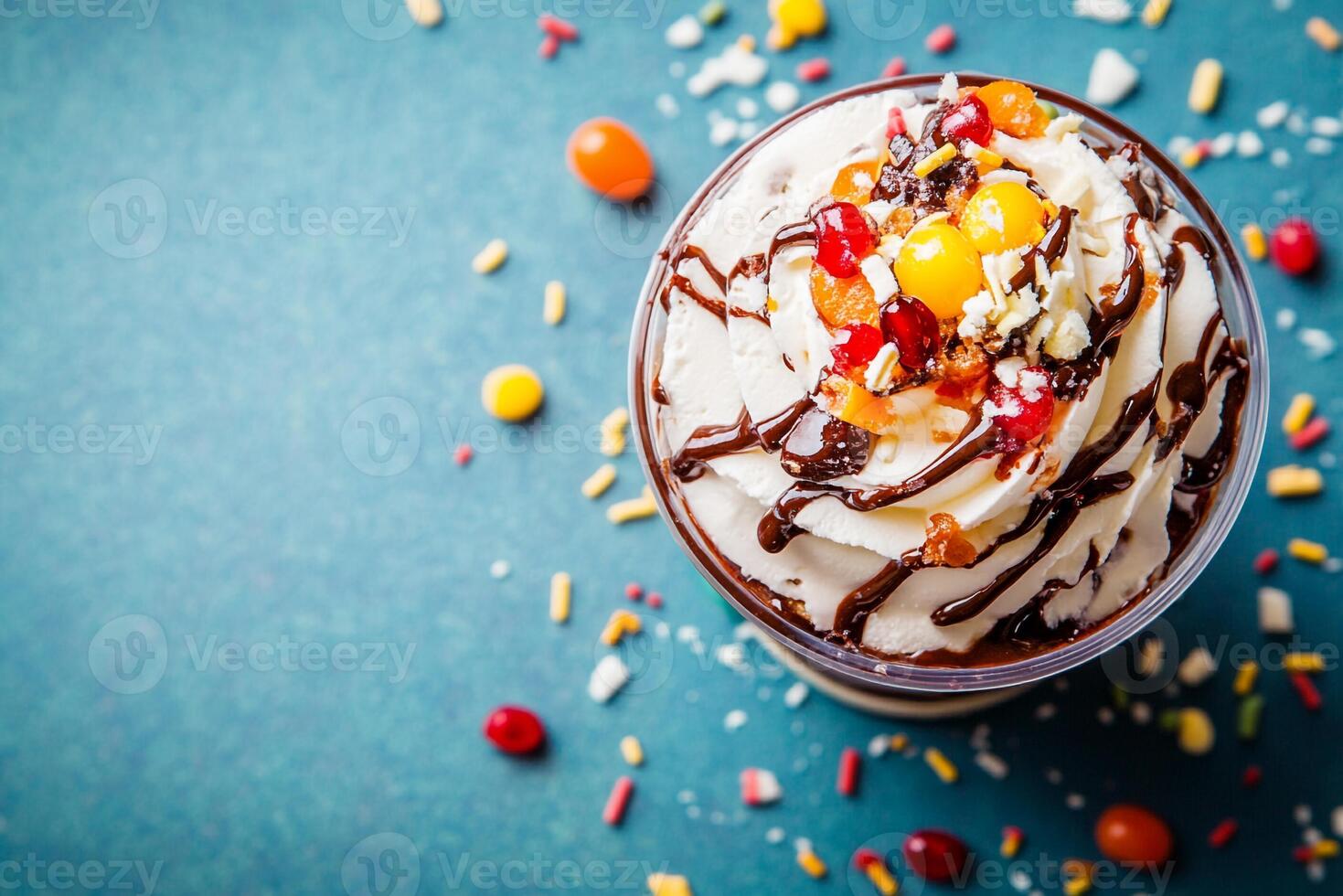 Top View Of Hot Fudge Sundae On Vibrant Background With Copy Space, Food Setting photo