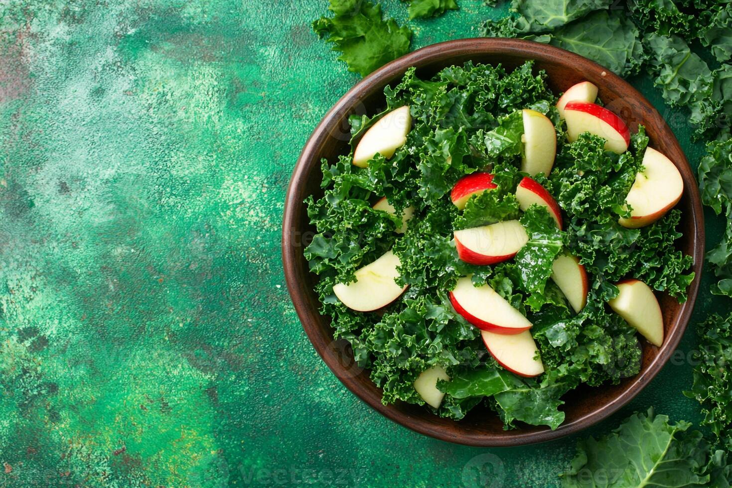 Top View Of Kale And Apple Salad On Vibrant Background With Copy Space, Food Setting photo