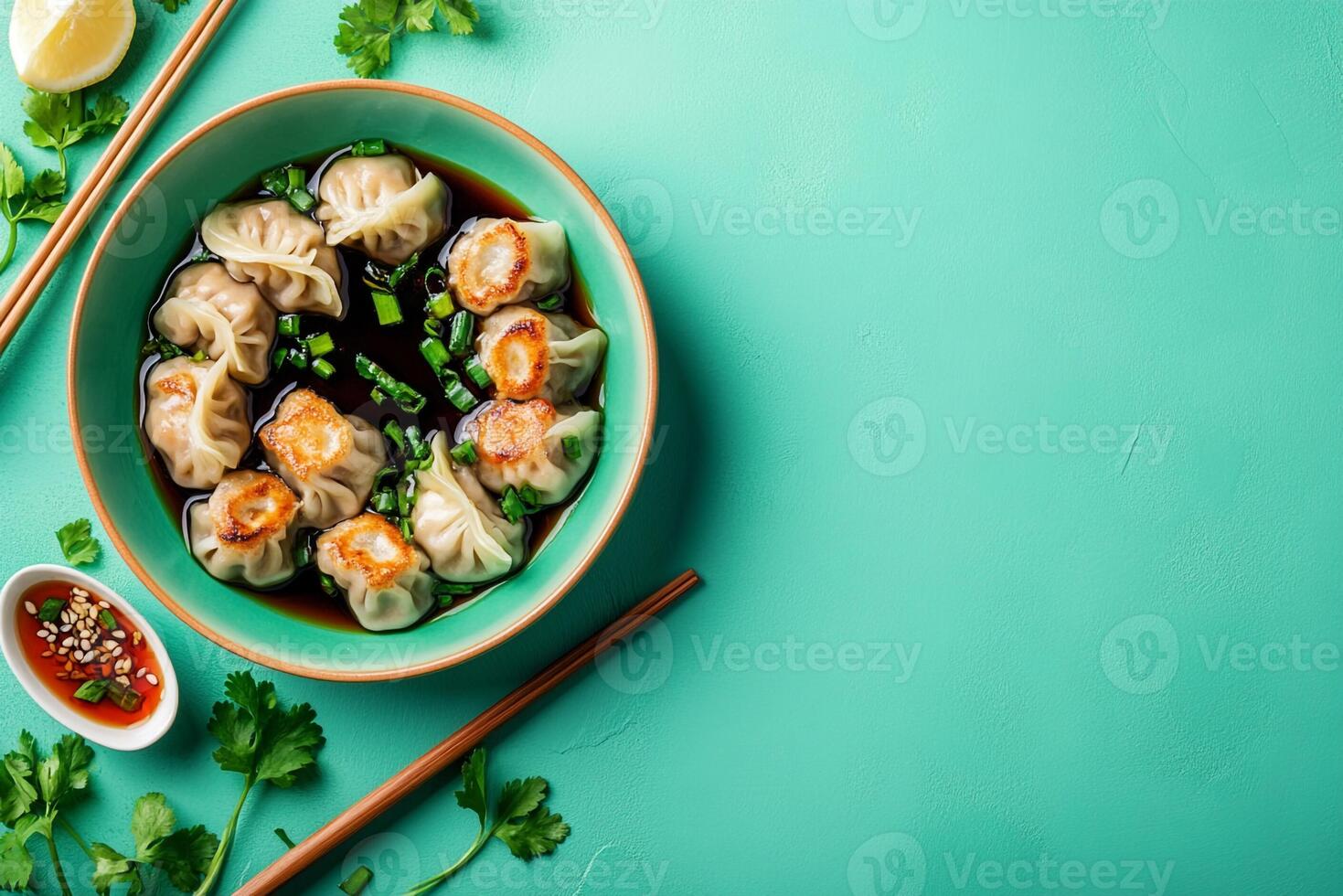 Top View Of Pork Dumplings With Soy Ginger Sauce On Vibrant Background With Copy Space, Food Setting photo