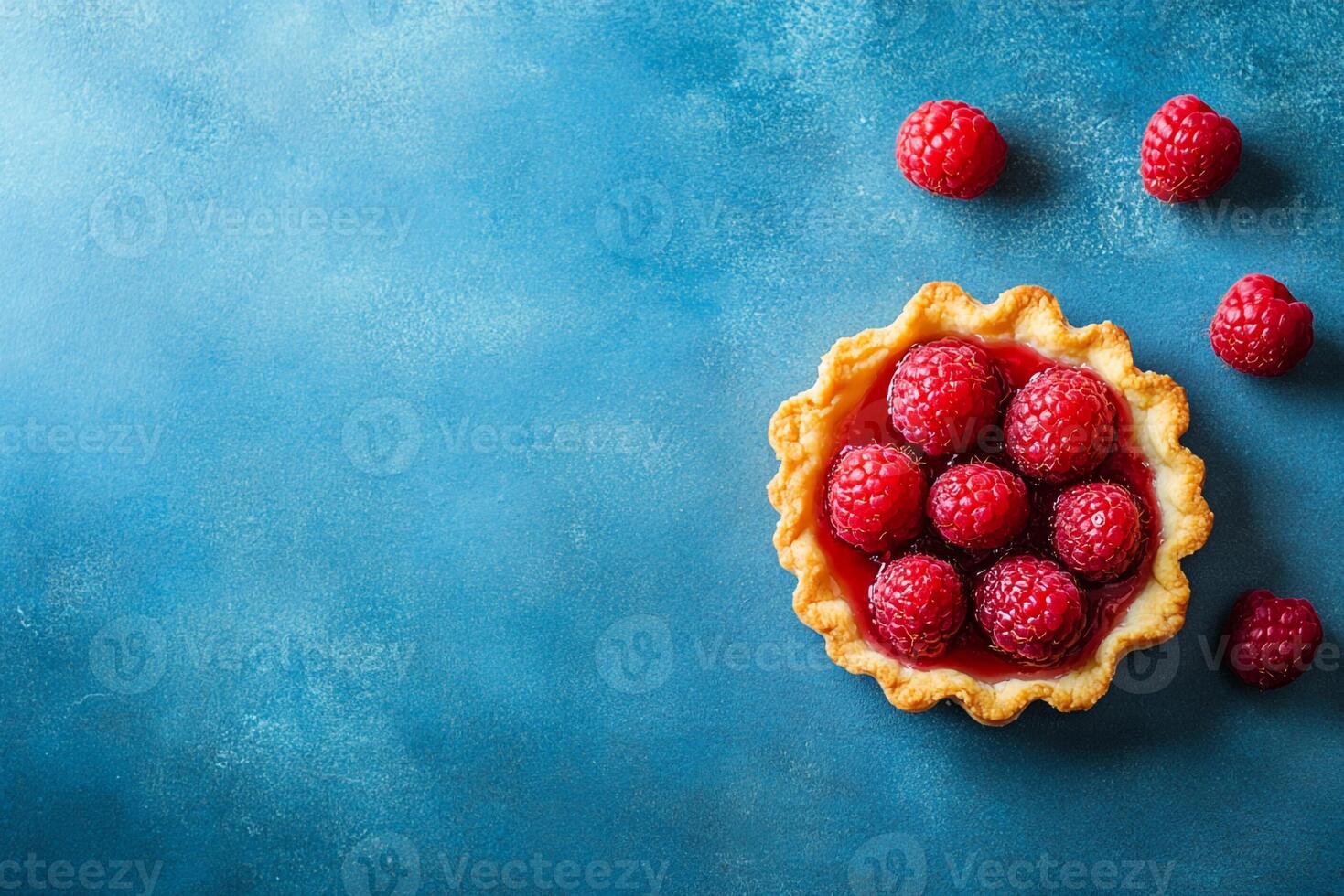 Top View Of Raspberry Tart On Vibrant Background With Copy Space, Food Setting photo