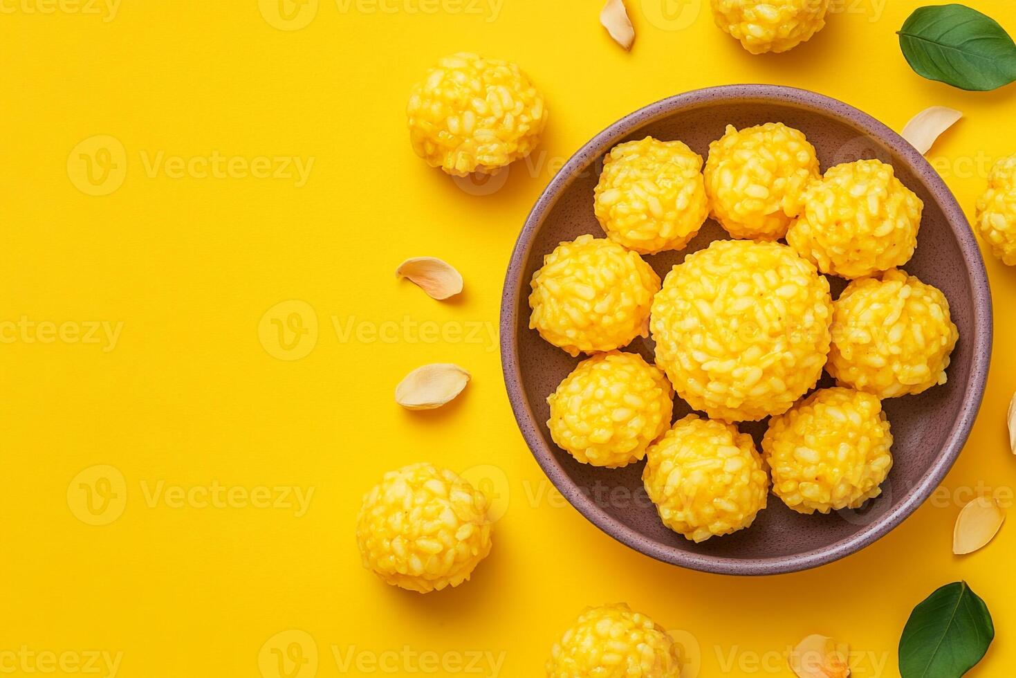 Top View Of Saffron Risotto Balls On Vibrant Background With Copy Space, Food Setting photo