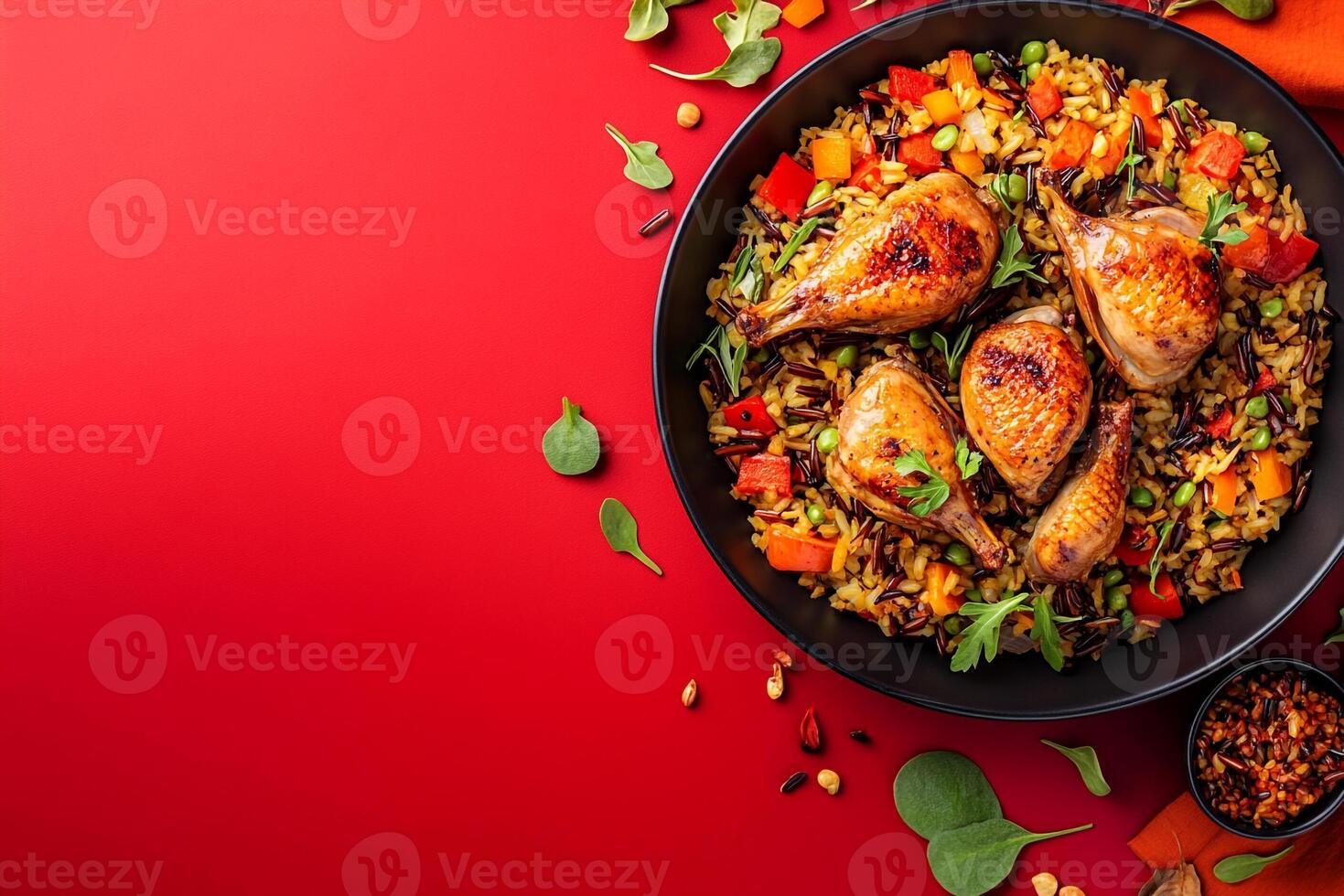 Top View Of Roasted Quail With Wild Rice Pilaf On Vibrant Background With Copy Space, Food Setting photo