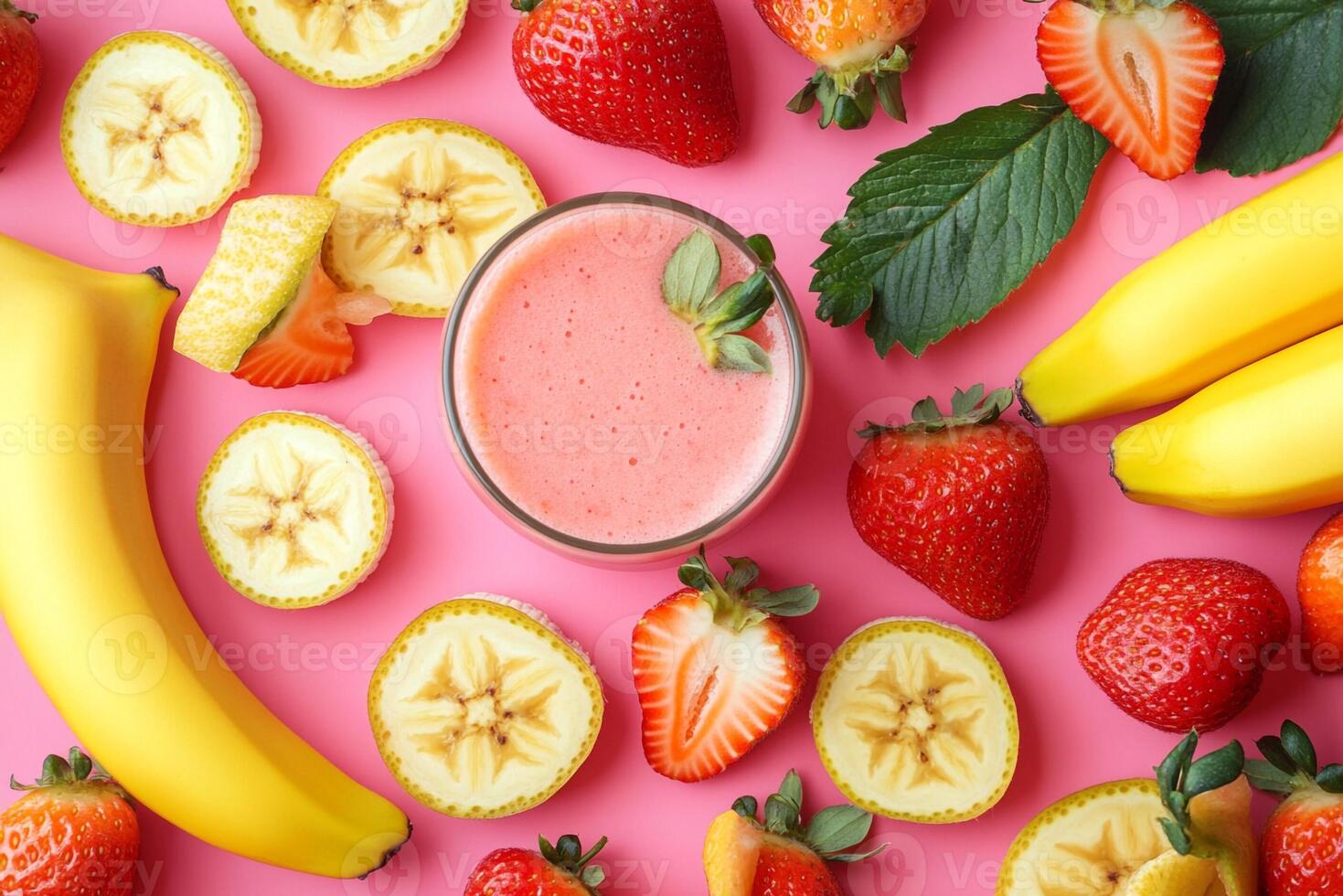 Top View Of Strawberry Banana Smoothie With Almond Milk On Vibrant Background With Copy Space, Food Photography photo