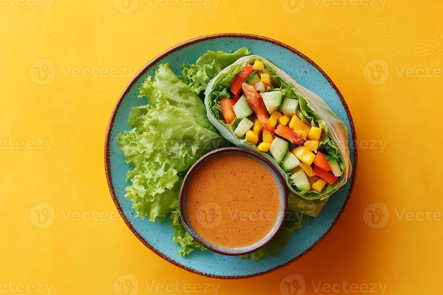 Top View Of Vegetable Spring Rolls With Peanut Dipping Sauce On Vibrant Background With Copy Space, Food Setting photo