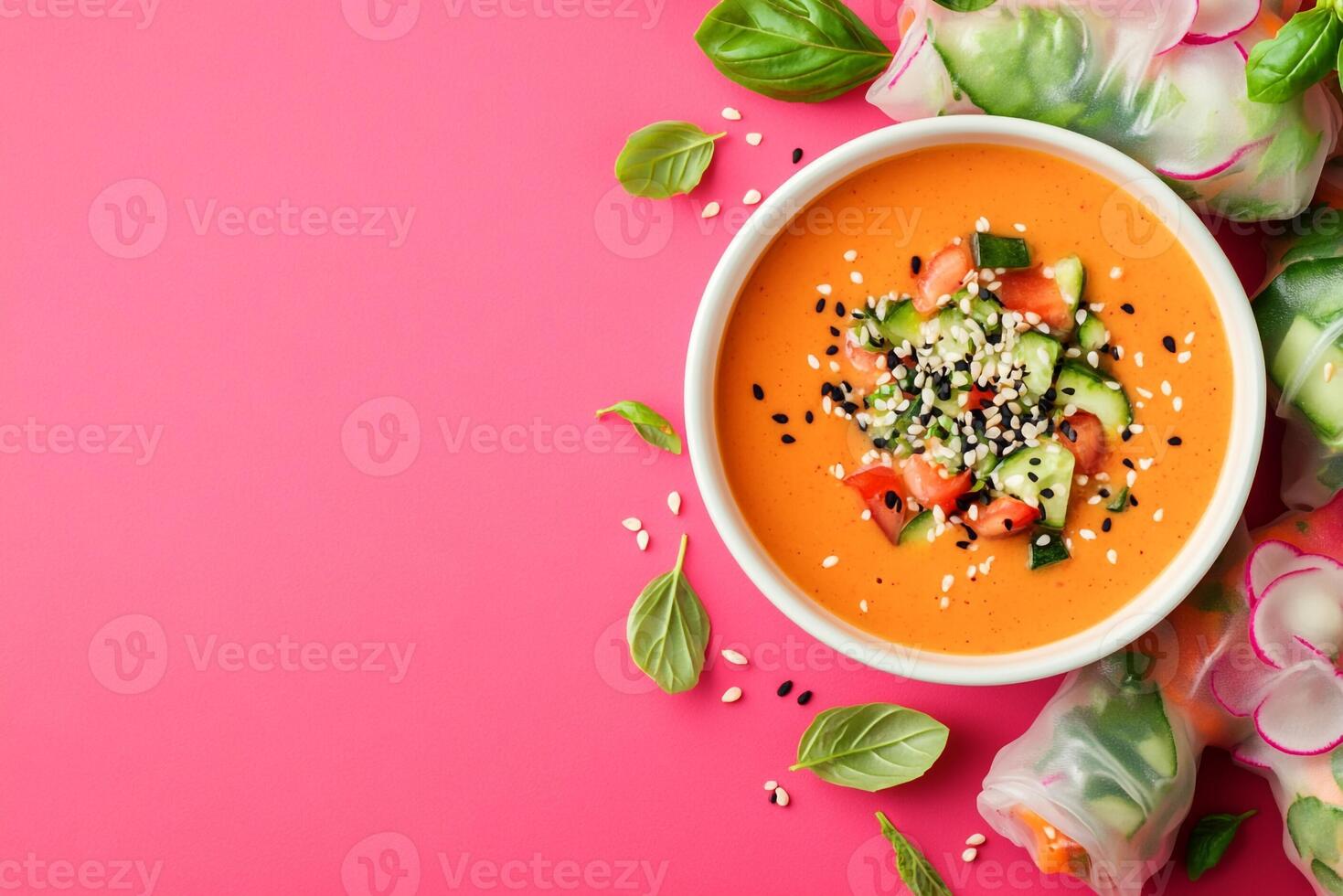 Top View Of Vegetable Spring Rolls With Peanut Dipping Sauce On Vibrant Background With Copy Space, Food Photography photo