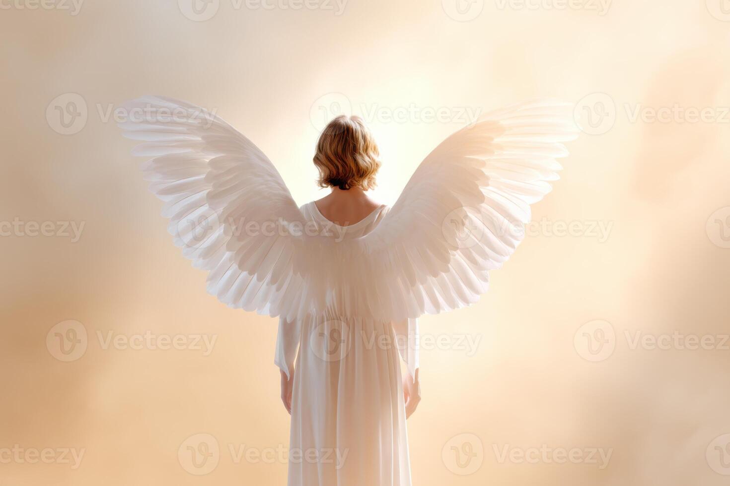 Angelic figure with large white wings standing in a soft glow photo