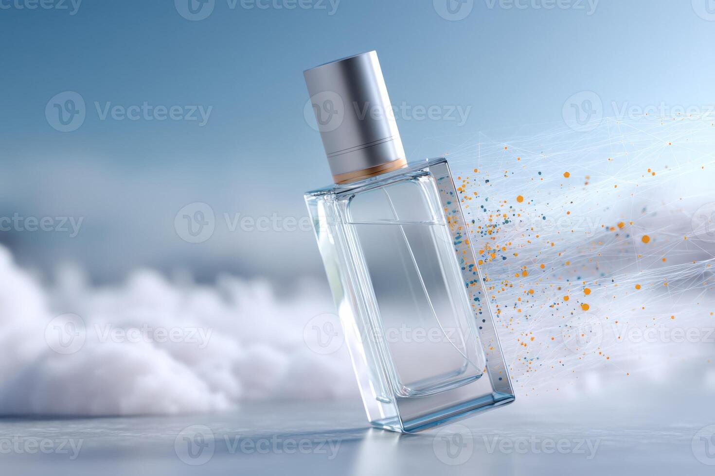 Futuristic perfume bottle levitating and spraying particles on a cloudy background photo