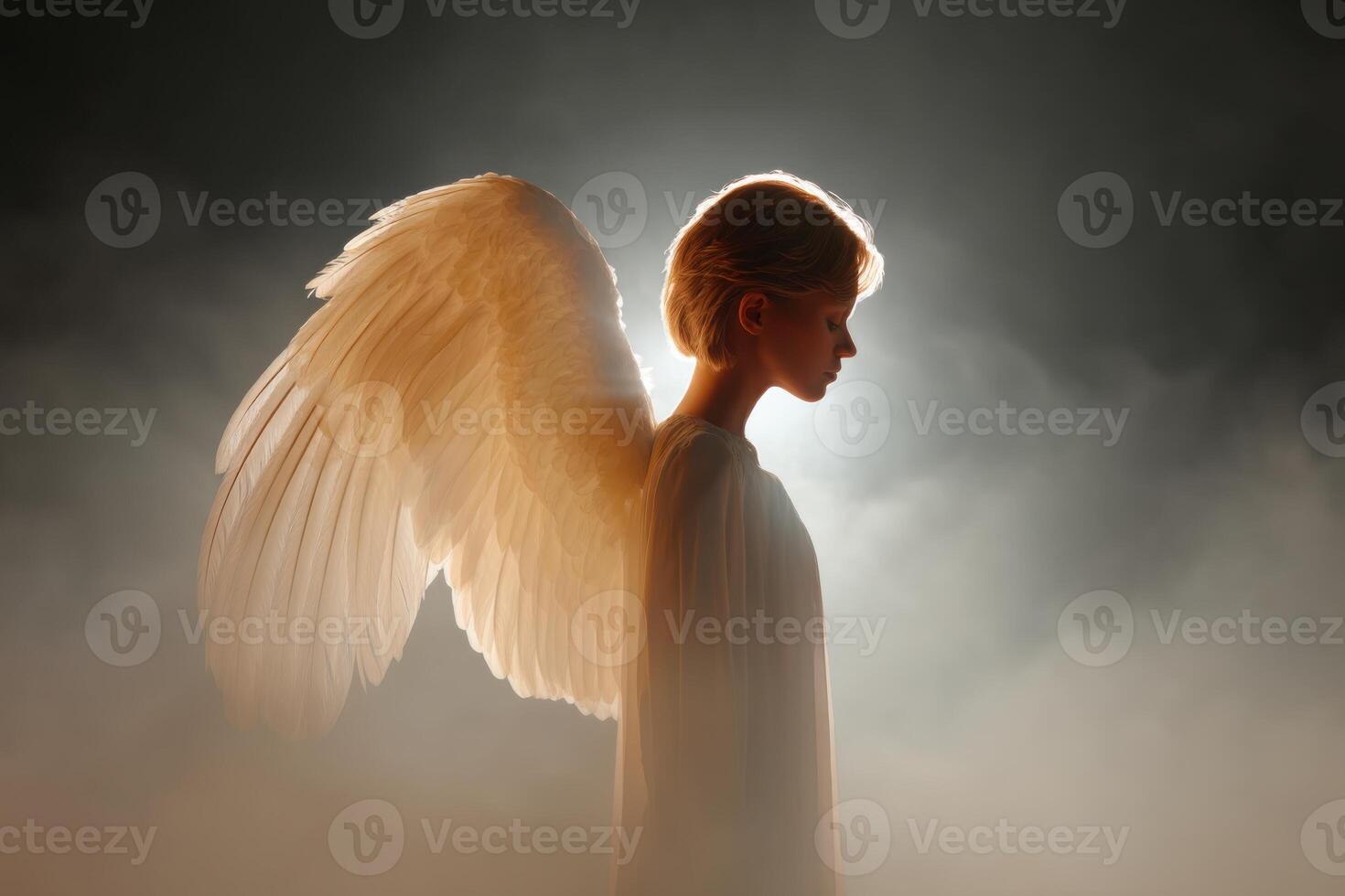 Serene angel with large white wings standing in a dark smoky environment photo