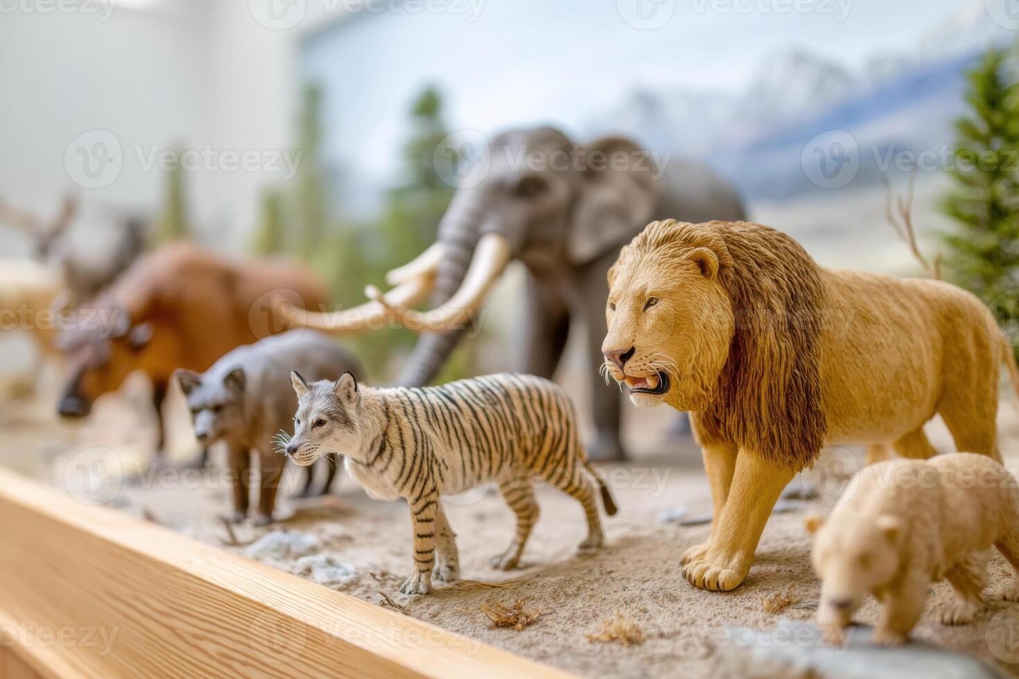 Extinct prehistoric animals recreating a paleolithic diorama inside a museum photo