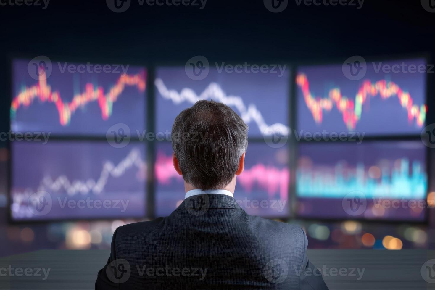 Businessman analyzing decreasing stock market graphs on multiple computer screens photo
