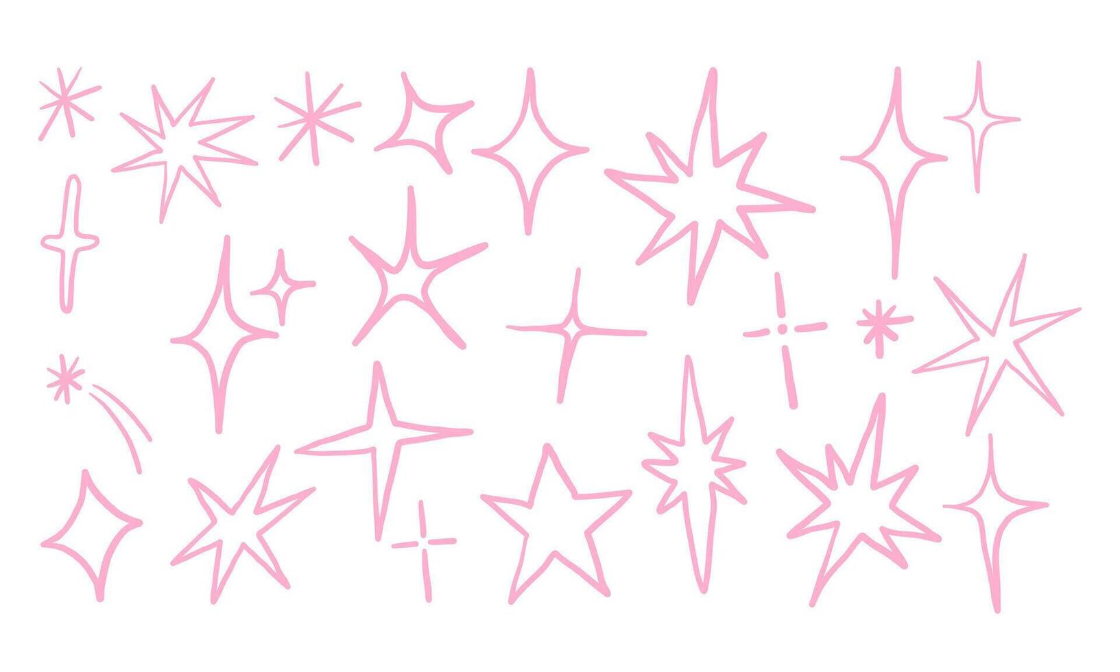 Pink Hand Drawn Sparkle And Twinkle. A dreamy collection of 23 pink hand drawn sparkle and twinkle icons in various shapes including stars, diamonds, bursts. Perfect for magical and aesthetic design vector