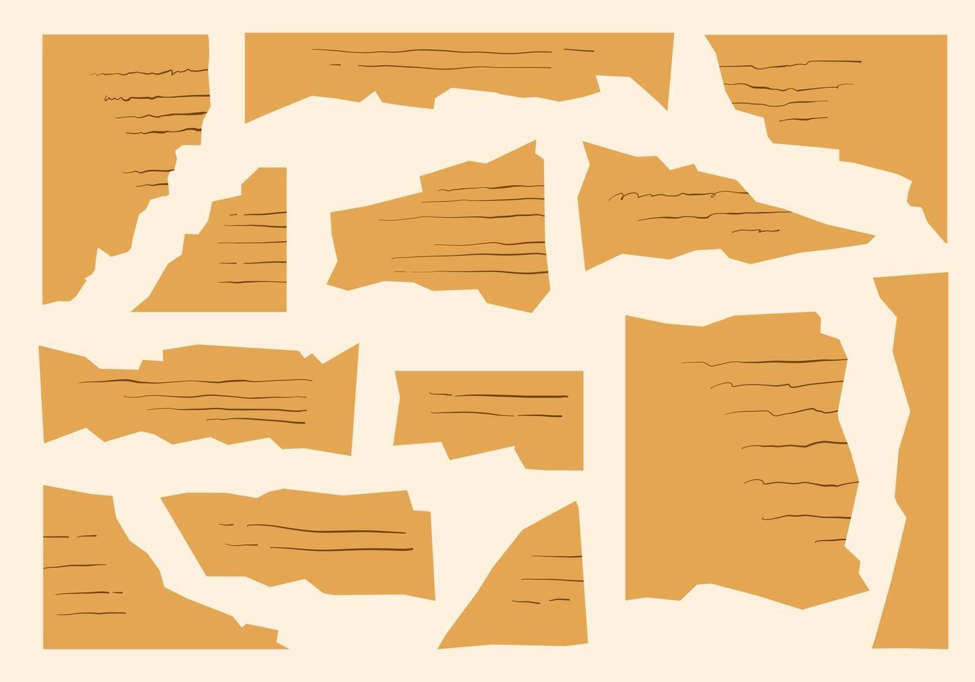 Vintage Brown Lined Torn Paper Scrap. A curated bundle of 13 brown torn paper scraps with jagged edges and hand drawn line textures in varied shapes. Perfect for journaling collage scrapbook design vector