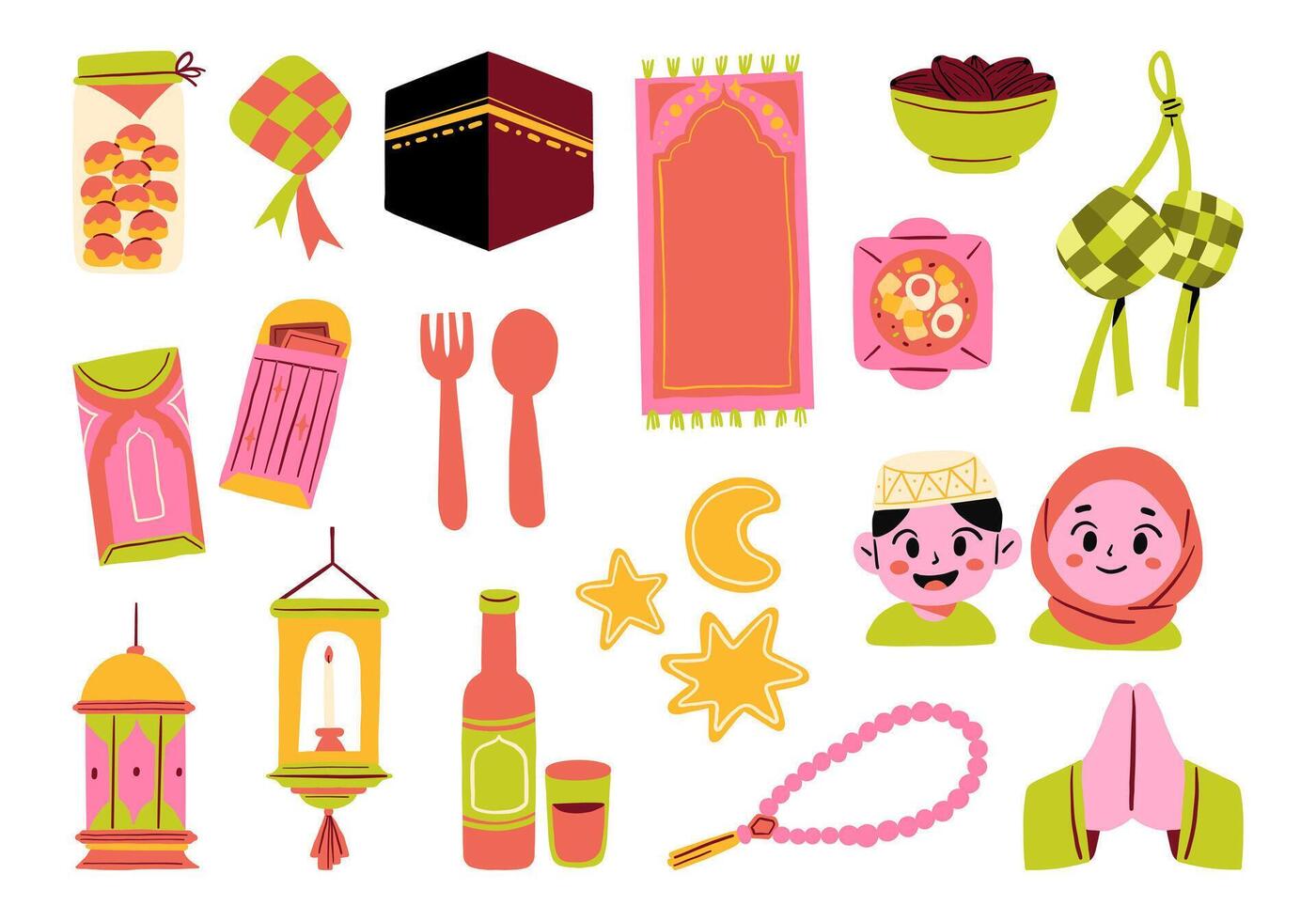 Ramadan Eid Celebration Icon Pack. A complete collection of flat style icons featuring ramadan food lanterns envelopes and muslim characters. Perfect for eid decoration and islamic themed content vector