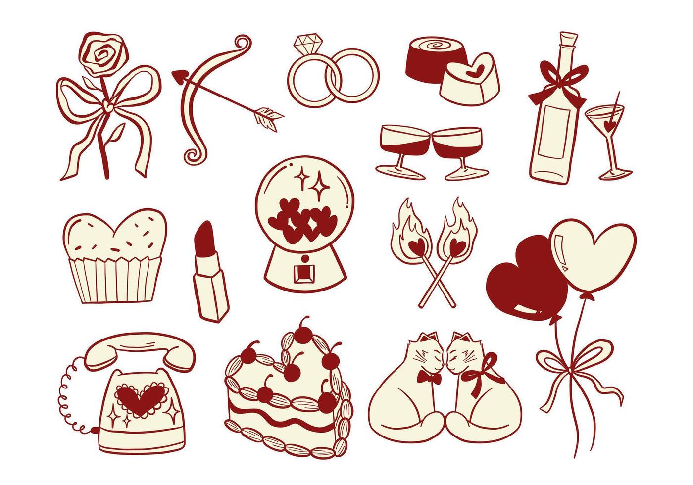 Hand Drawn Valentine Love Icon Set. A collection of 14 hand drawn valentine elements including roses heart balloons wine glasses chocolates cuddling cats and more. Perfect for love romantic projects vector