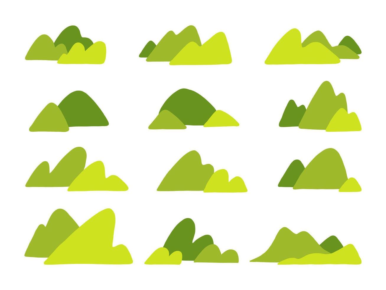 Cartoon Style Mountain Hill Silhouette. A playful collection of 12 cartoon style mountain and hill silhouettes featuring whimsical terrain forms. Perfect for maps games and nature themed illustrations vector