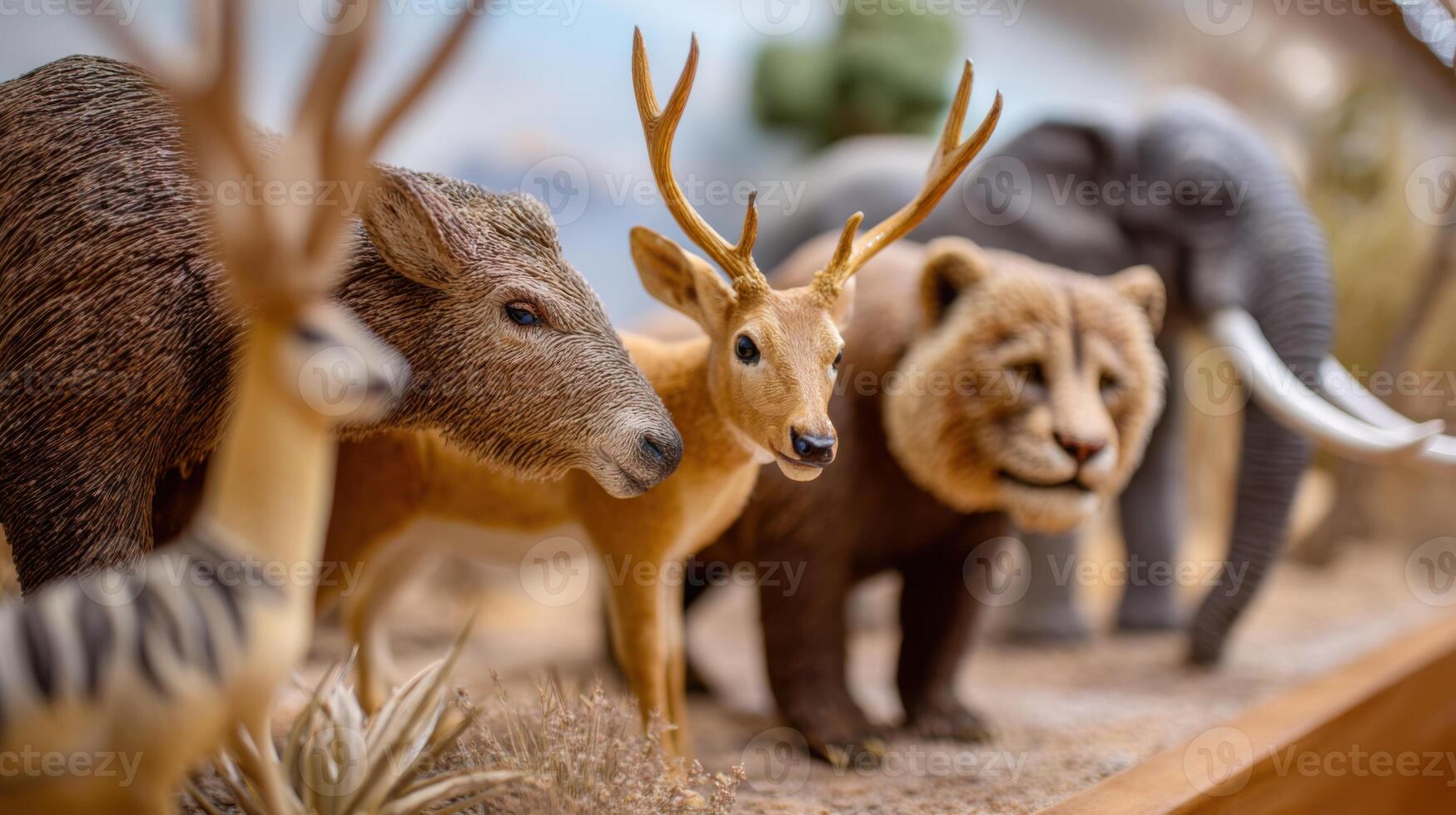 Diorama showcasing various extinct animal species in a museum photo